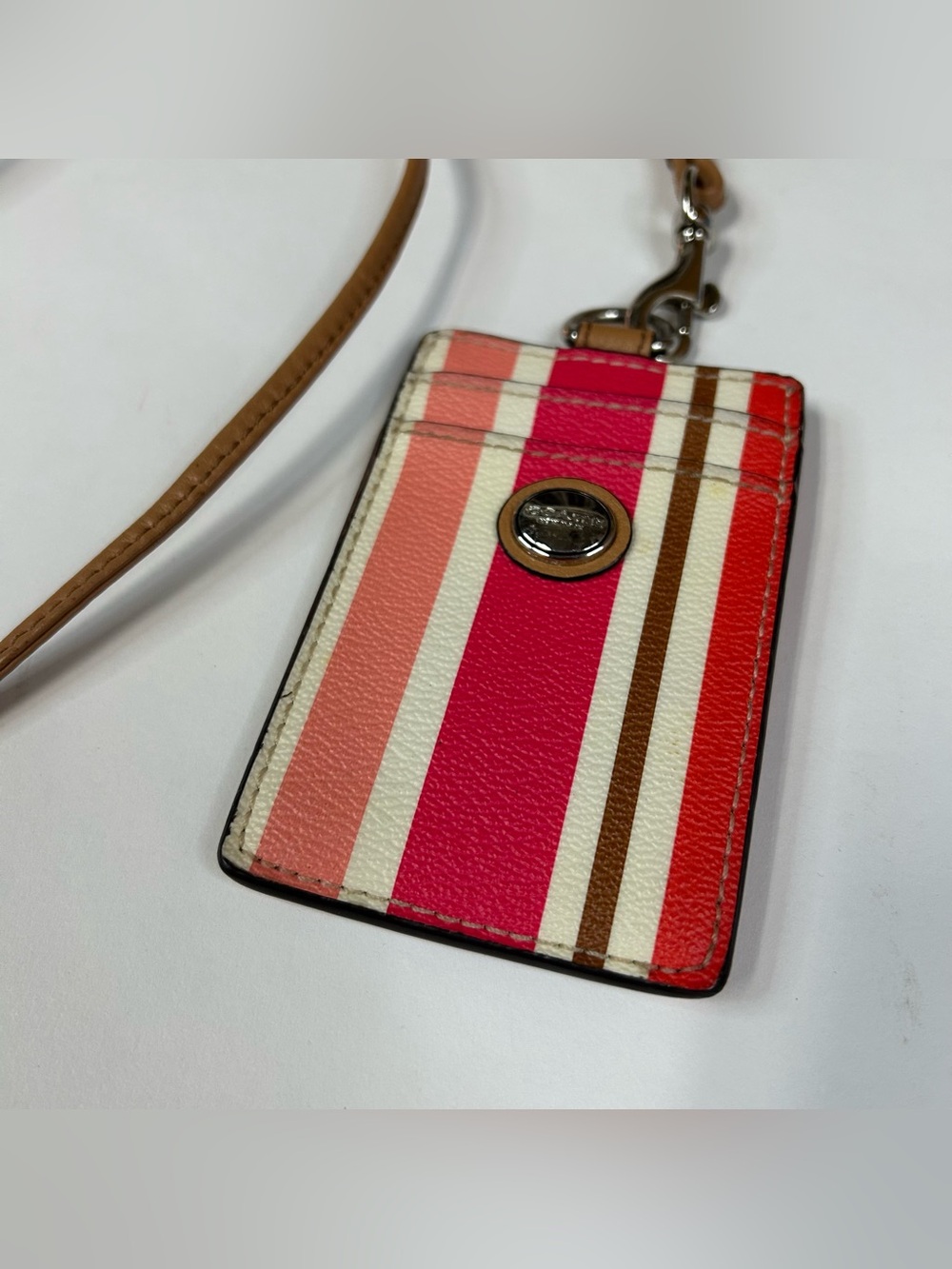 Coach Women’s Laynard ID Credit Card Key Holder Pink Brown White Striped #4200 - Picture 2 of 7